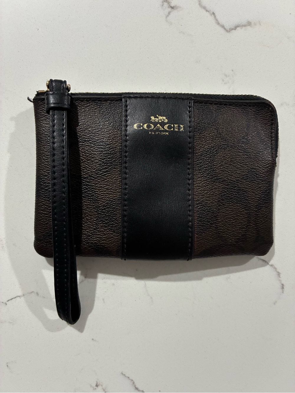 Coach Brown Signature Canvas Wristlet with Gold Hardware